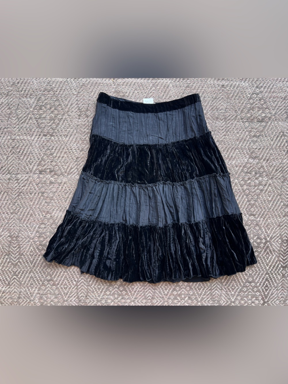 Vintage Vertigo Paris Black Velvet Tiered Midi Skirt Made in France Size 6